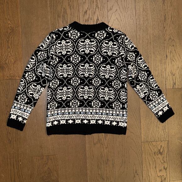 Vintage Fair Isle Grandma Sweater Cardigan Black White and Blue Size Large - Picture 2 of 4